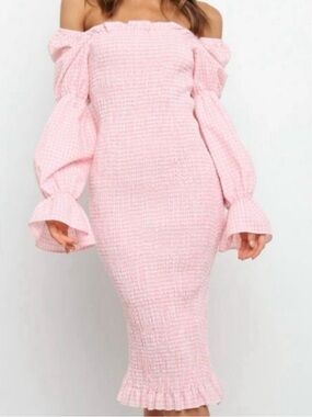 SNDYS Courtney Pink Gingham Smocked Midi Dress